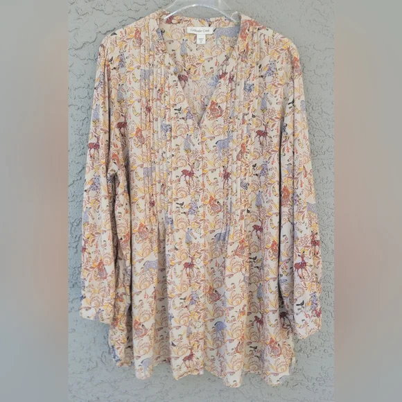Coldwater Creek Pintuck Henley Tunic 2X Forest Animal Bunny Owl Deer Top - Picture 7 of 12